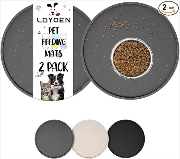 LDYOEN 2 Piezas Alfombras para Comederos Perros y Gatos, Alfombrilla para Comedero Impermeable, Borde Elevado para Evitar Que Se derrame Agua o Alimentos, Fácil de Limpiar, 30 x 30cm, Gris