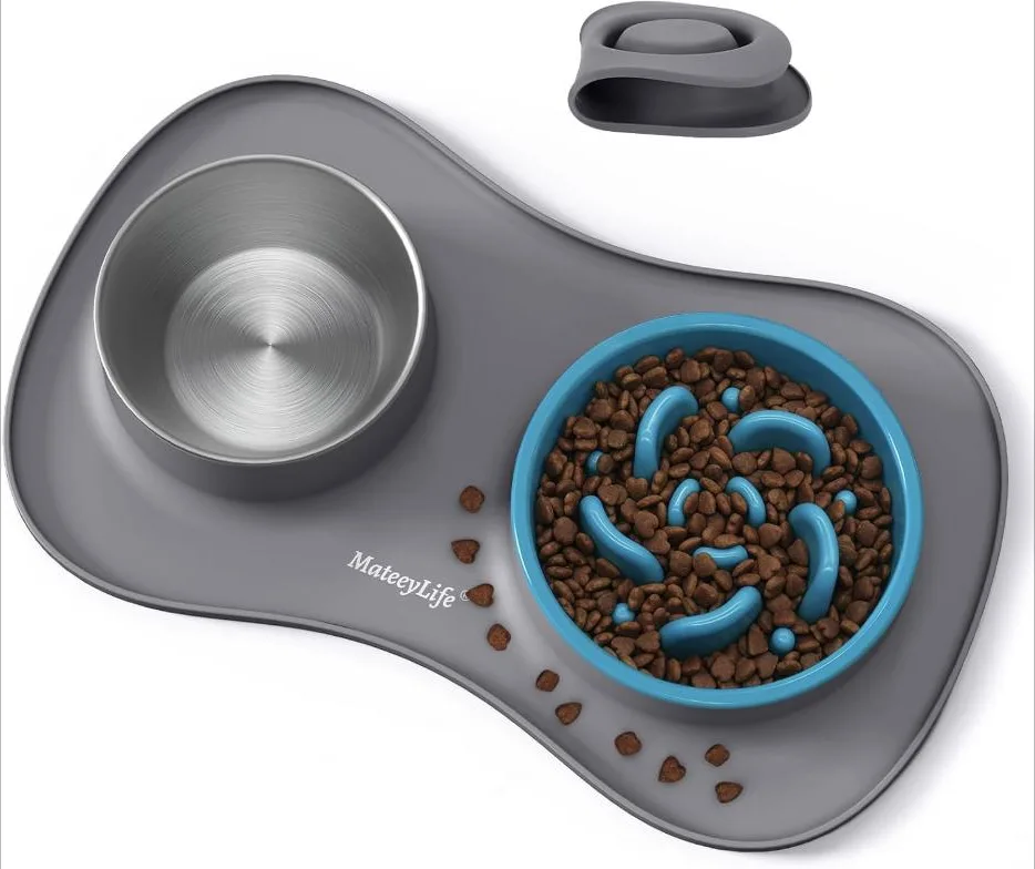 MateeyLife Juego de Boles para Perro 3 en 1, Comedero Antivoracidad Perro y Bebedero de Acero Inoxidable con Alfombrilla Antideslizante de Silicona, Cuencos para Perros de Todas Las Razas 43.7×25.9 cm