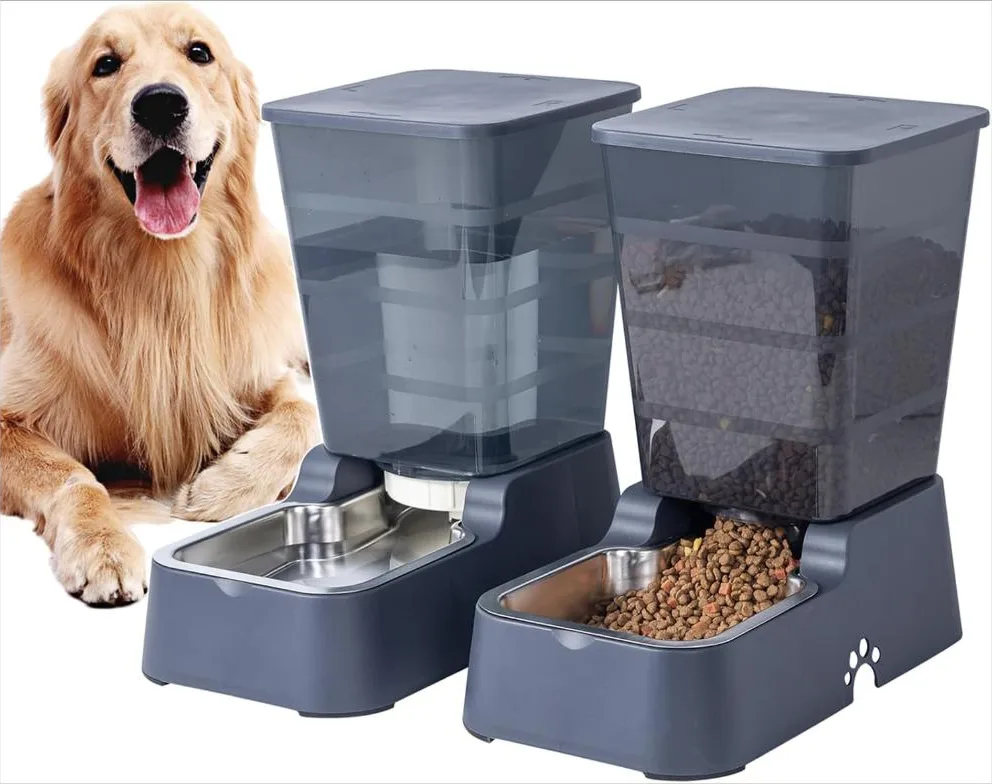 Dispensador automático de comida para perros y agua para perros, 5 L, dispensador de comida para gatos y perros medianos y grandes, gatos y otros animales (juego de 5 L, gris oscuro)