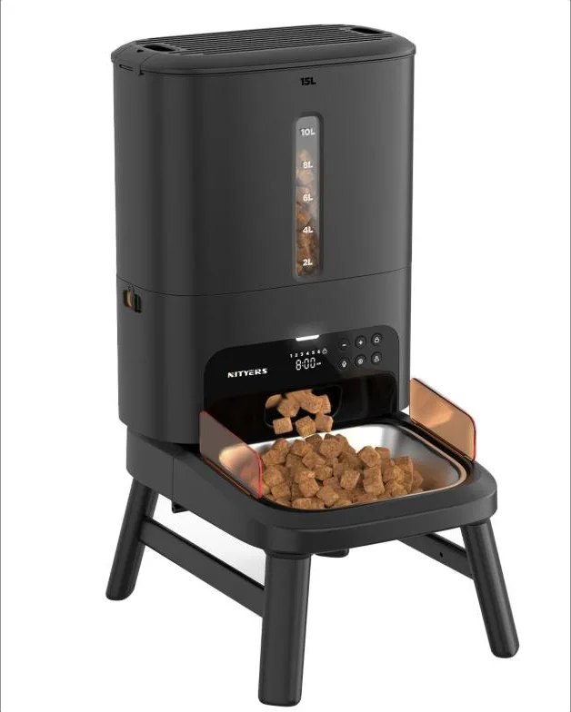 Comedero automático para Razas Grandes, 15L de Capacidad para Gato y Perro, Comedero automático 2-23mm, anti-atascos, soporte ajustable, grabación voz, doble alimentación, cuenco inox